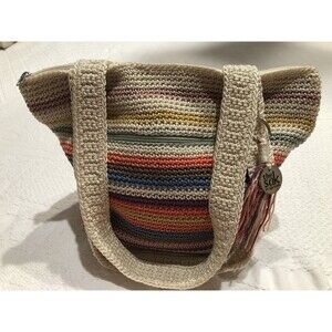 The Sak Stripe Crochet Hobo Bag Purse Zip Tassel Tag